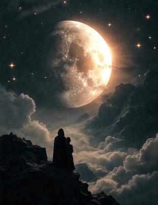 The primary subject of the image is a man and a child standing on a rocky hill at night. The man is wearing a long black robe, and the child is standing next to him. The setting is a rocky hill with a cloudy sky in the background. The visual style of the image is a digital art or illustration, creating a dramatic and atmospheric scene. The dominant colors in the image are black, white, and shades of gray, giving the scene a moody and mysterious atmosphere.